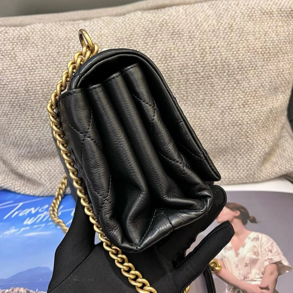 Chanel Pearl CC Flap Bag Chain Shoulder Crossbody Black Gold Women Classic