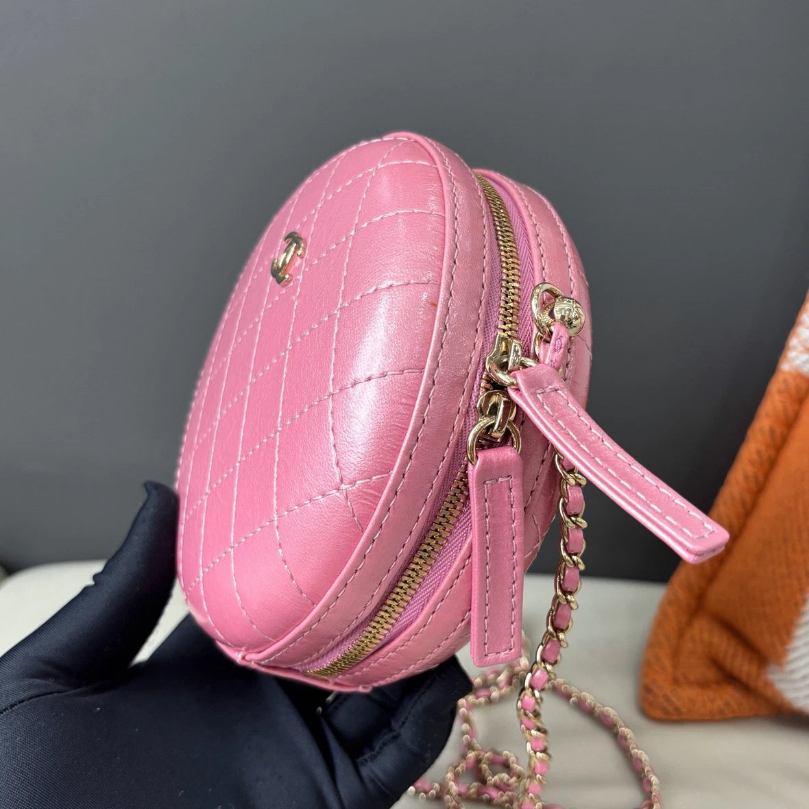 Chanel Diamond Chain Round Bag Crossbody Pink Gold Used Women Classic