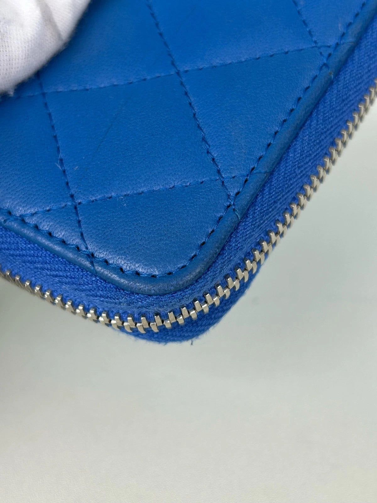 Chanel Diamond Lambskin Card Wallet Blue Silver Used Women Classic