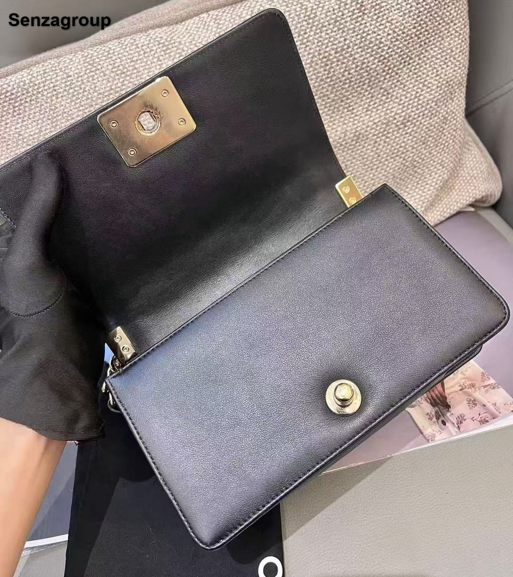 Chanel Leboy PM Chain Calfskin Shoulder Bag Crossbody Black Gold Women Classic