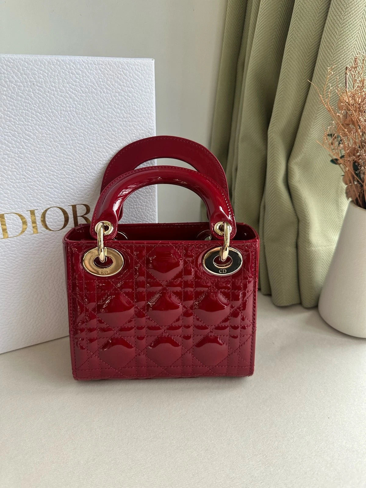 Dior Red Patent Leather 3-Grid Lady Dior Handbag For Women