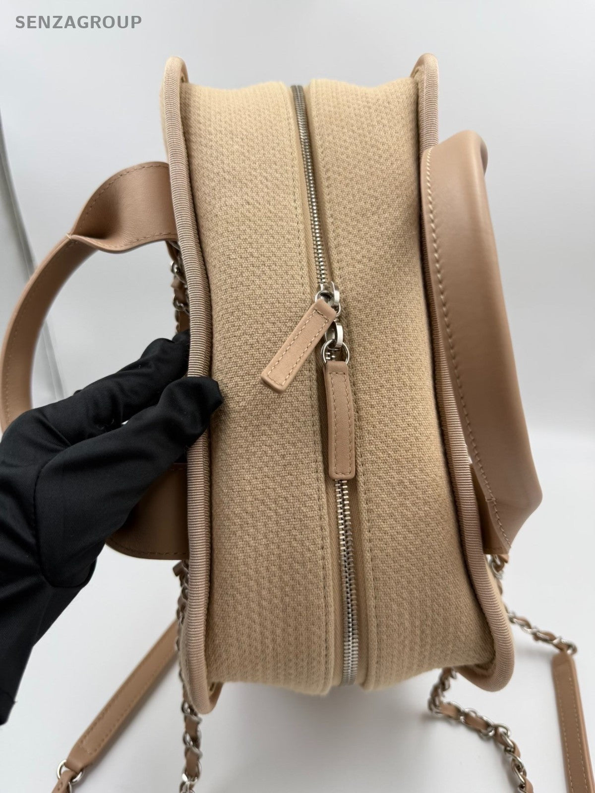 Chanel Canvas Beach Bag Top Handle Bag Chain Shoulder Bag Beige Silver Women