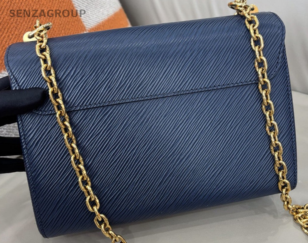 Louis Vuitton Epi Leather MM Chain Shoulder Bag Blue Gold Women Designer