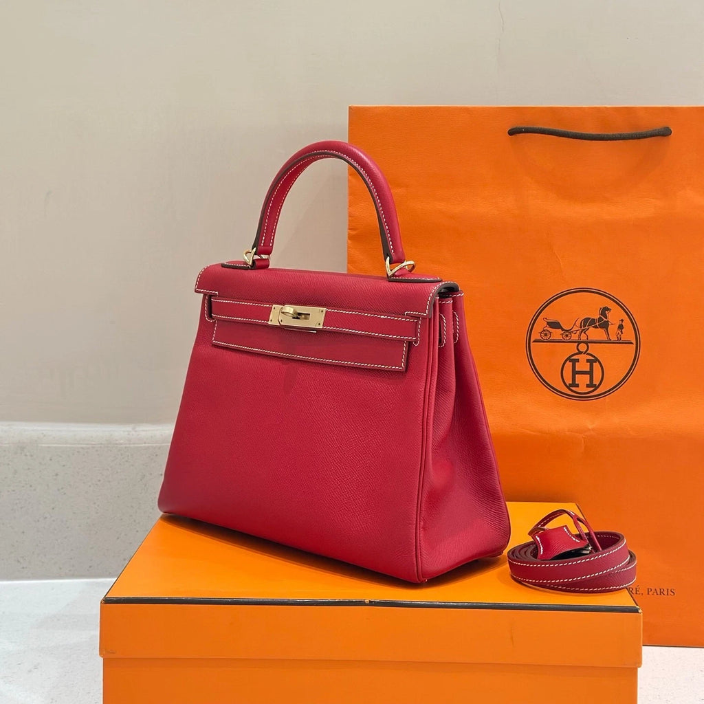 Hermes Red Gold Kelly28 Epsom Top Handle Bag For Women