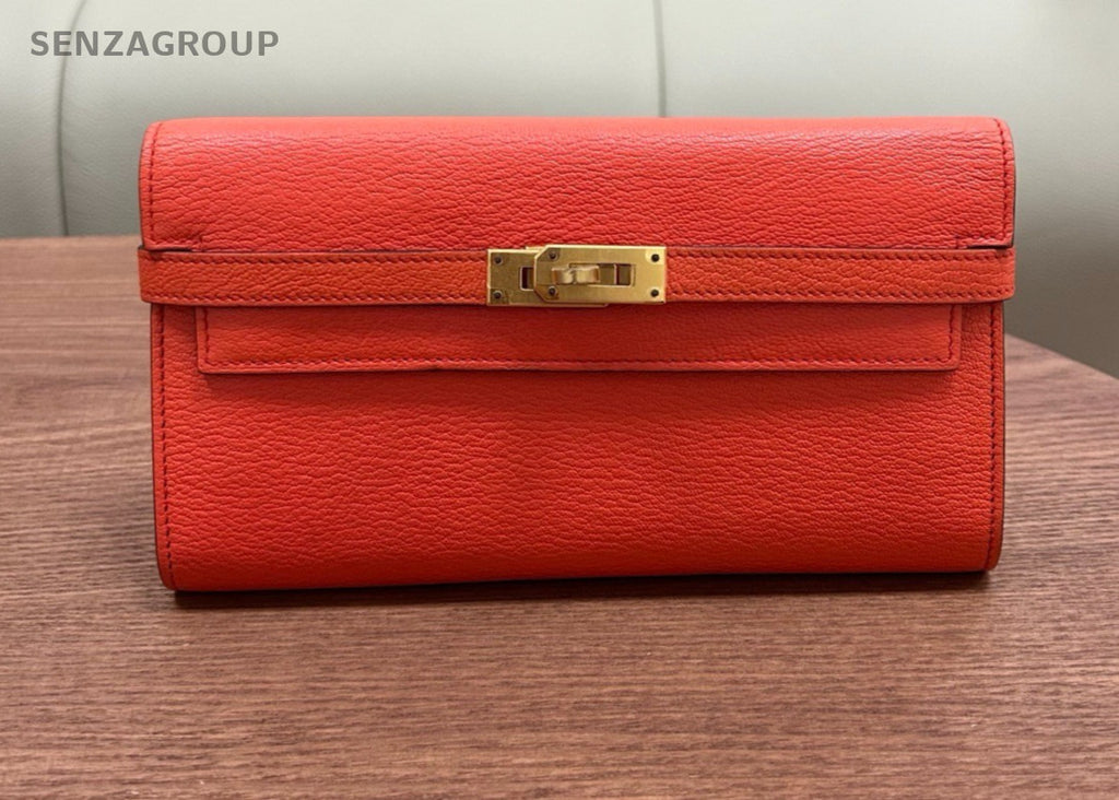 Hermes Kelly Long Wallet Goatskin Orange Gold Women Pouch
