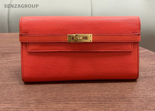 Hermes Kelly Long Wallet Goatskin Orange Gold Women Pouch