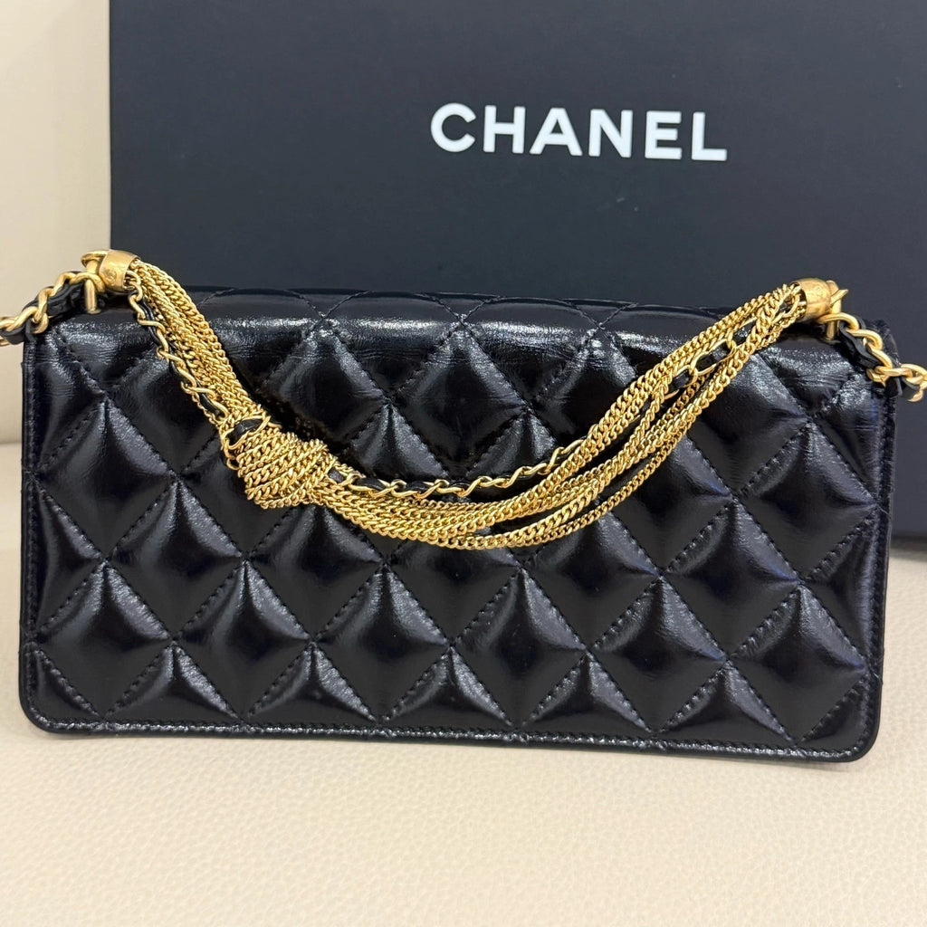 New CHANEL Black Quilted Waxed Leather Twist Chain WOC Crossbody Bag For Women
