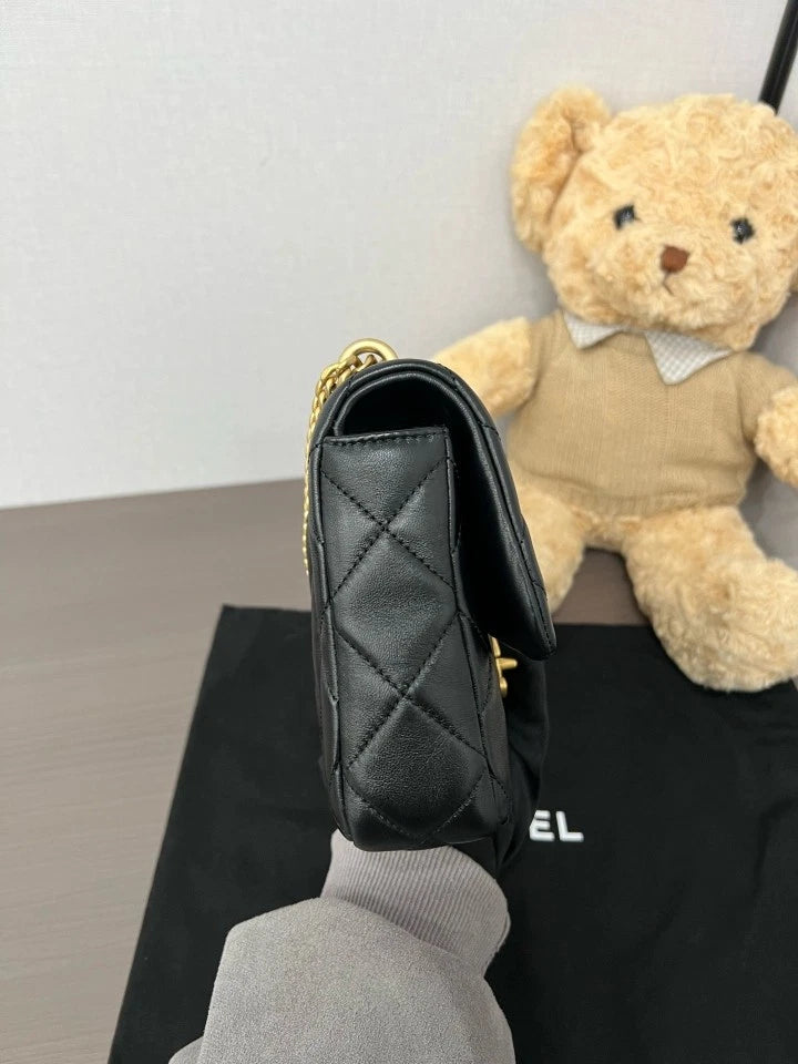 CHANEL Black Gold Lambskin Square Crossbody Bag For Women
