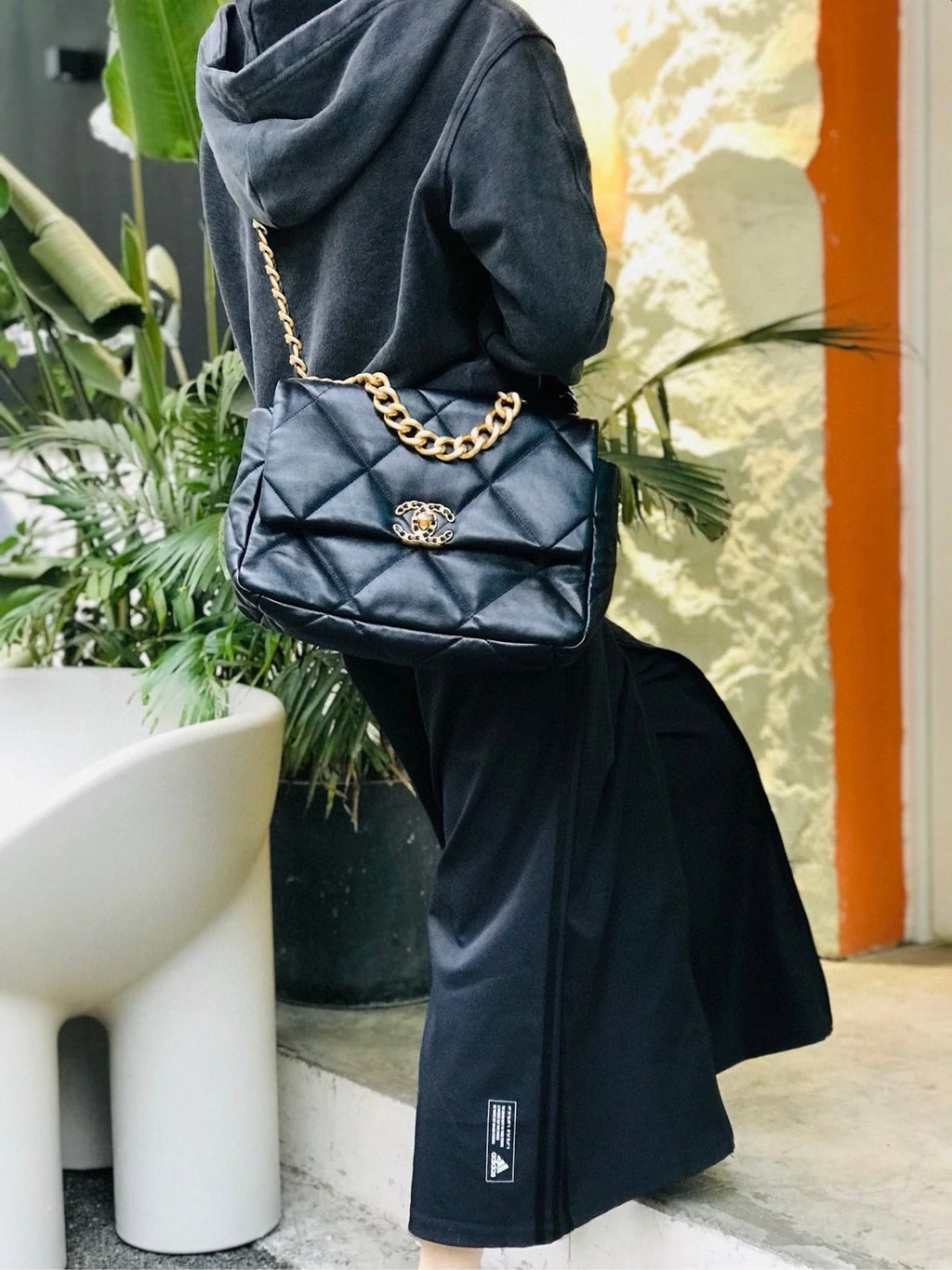 Chanel 19Bag Medium Black Lambskin Gold Shoulder Crossbody Bag For Women