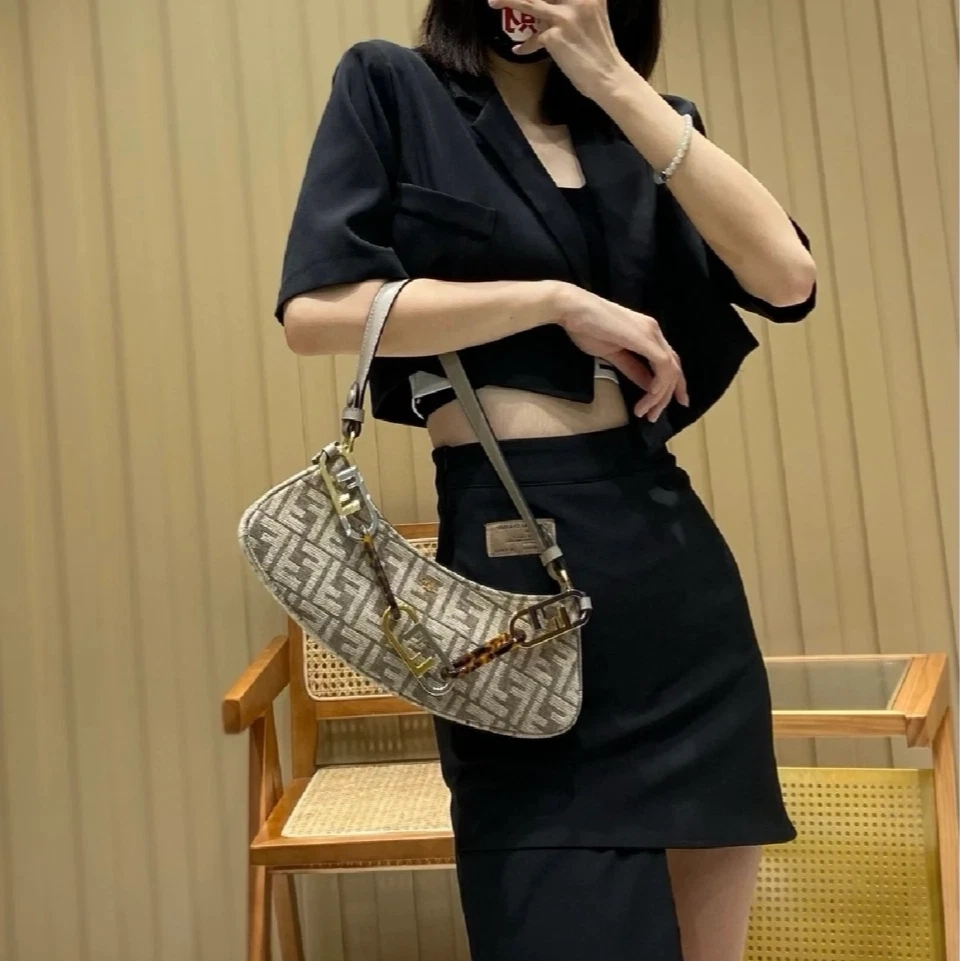 FENDI FF Monogram Canvas Crescent Shoulder Handbag For Women