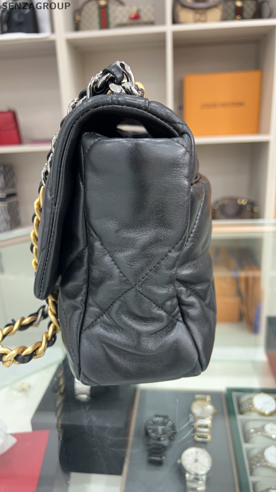 Chanel 19 Medium Black Lambskin Gold Chain Shoulder Bag Classic Women