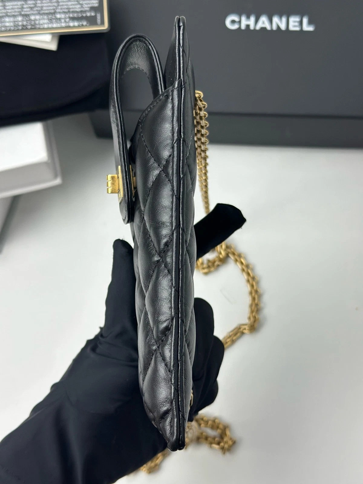 Excellent Chanel 2.55 Black Phone Bag Gold Chain Shoulder Bag Crossbody