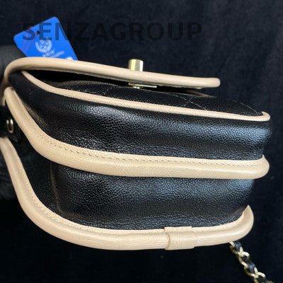 Chanel Beige Black Silver Chain Phone Crossbody Bag Quilted Women's Fashion