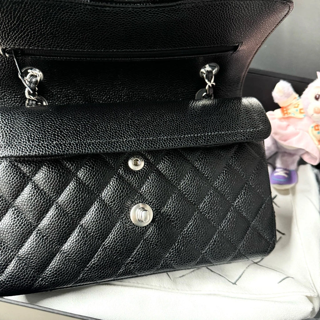 New CHANEL Classic Flap Small Black Calfskin Silver Hardware Bag For Women