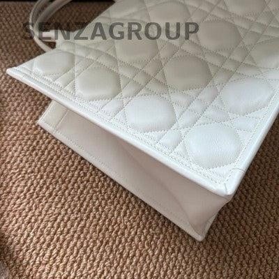 Dior Medium Leather Cannage Tote Bag in White Gold - Classic Women's Fashion