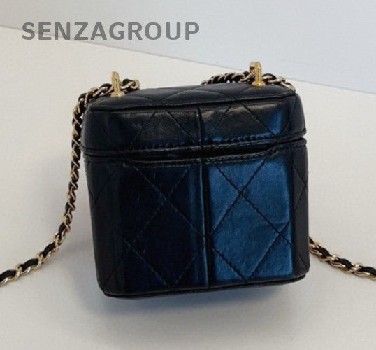 Chanel Lambskin Box Chain Shoulder Bag Crossbody Black Gold Women Classic