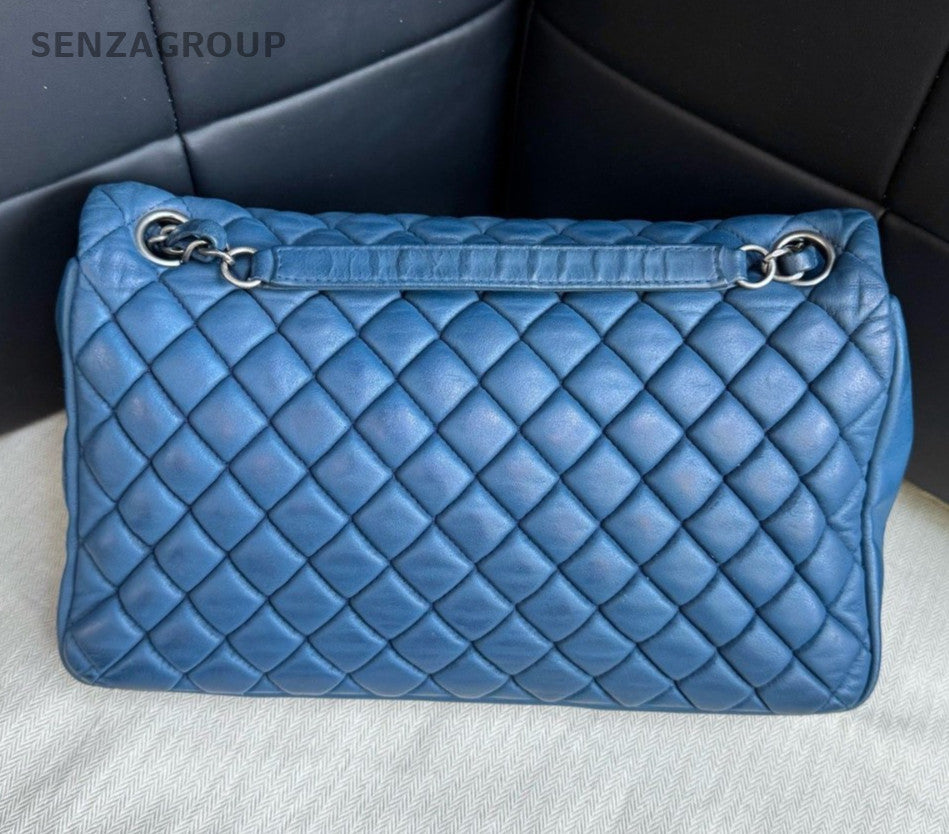 Chanel Classic Flap Chain Calfskin Shoulder Bag Crossbody Blue Silver Women