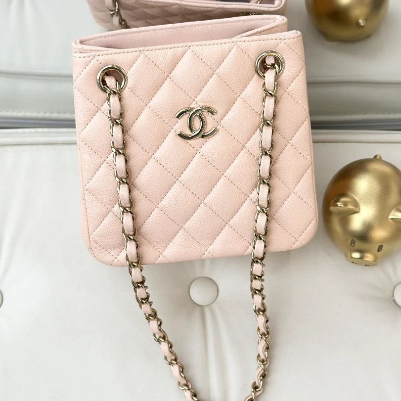 Chanel Tote Mini Calfskin Chain Shoulder Bag Pink Gold Diamond Women Classic S
