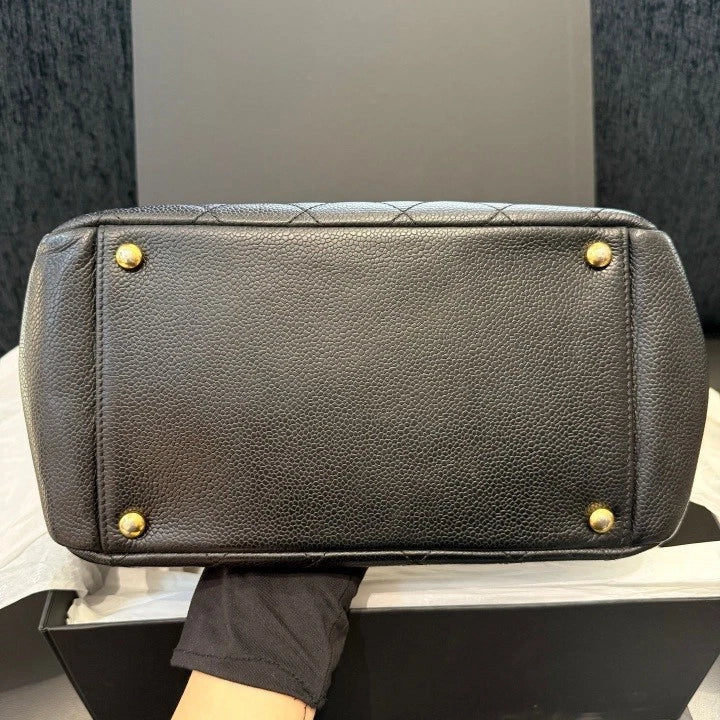 Chanel Calfskin Tote Chain Diamond Shoulder Bag Black Gold Women Classic D