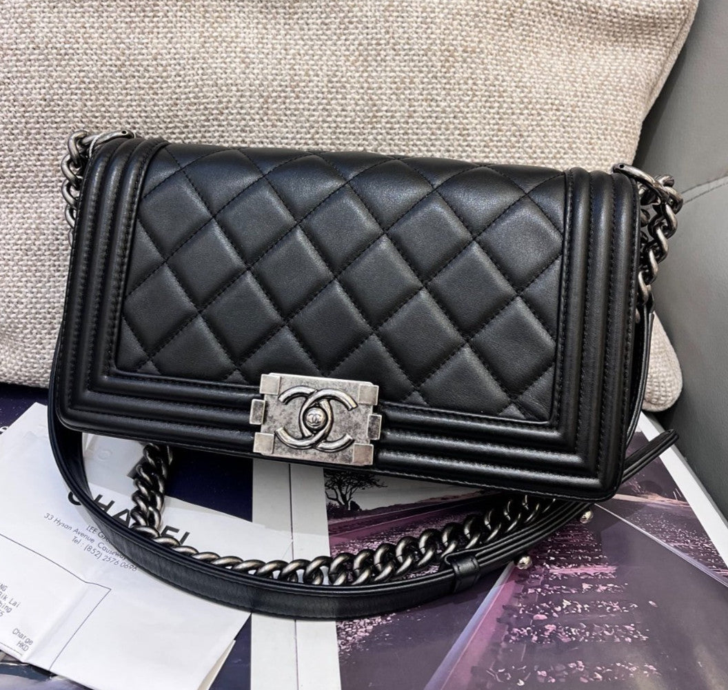 Chanel Leboy MM Chain Calfskin Black Silver Shoulder Bag Crossbody Women Classic