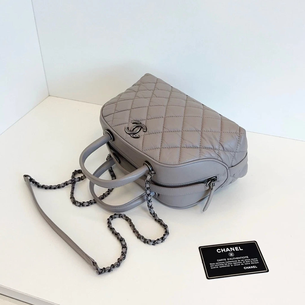 Authentic Chanel Bowling PM Chain Oil Wax Top Handle Shoulder Bag Grey SHD
