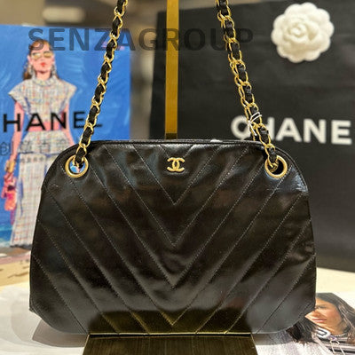 Chanel Vintage Black Gold Leather Chain Shoulder Bag Classic Women