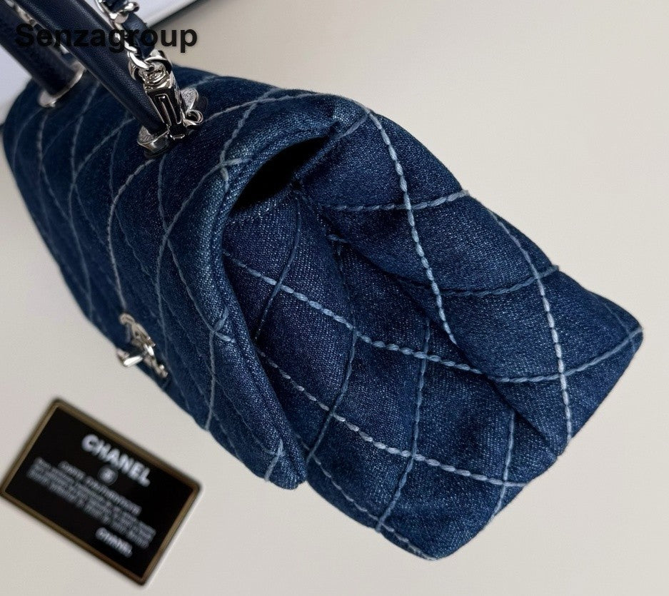 Chanel Coco Handle Denim Chain Top Handle Crossbody Blue Silver Women Diamond