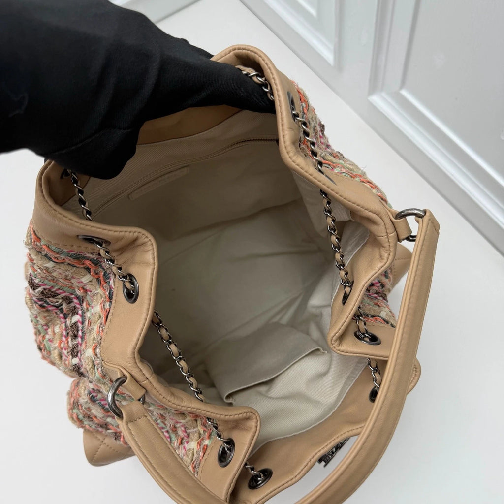 Chanel Tweed Knitting Drawstring Bucket Backpack Handbag Pink Silver Hardware