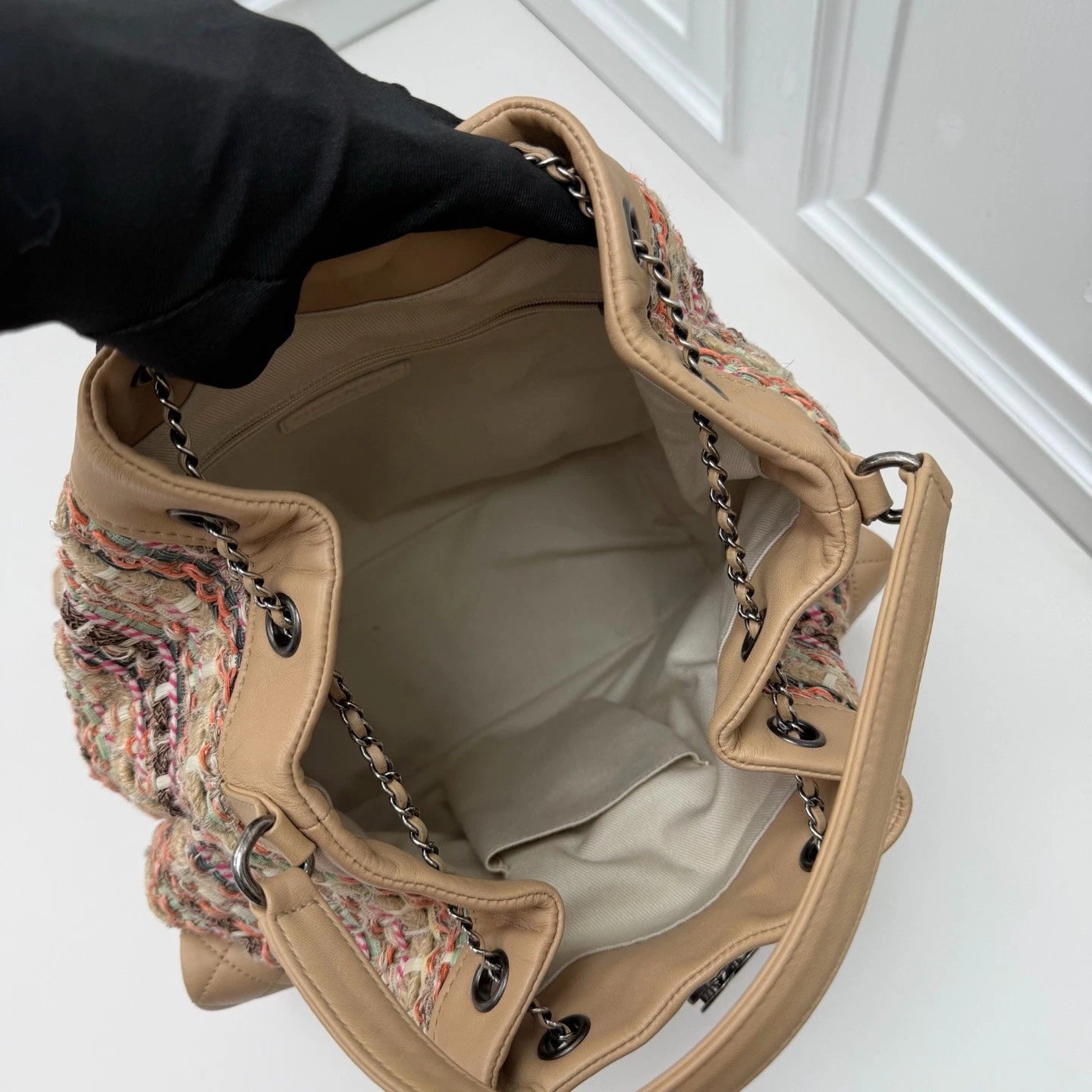 Chanel Tweed Knitting Drawstring Bucket Backpack Handbag Pink Silver Hardware