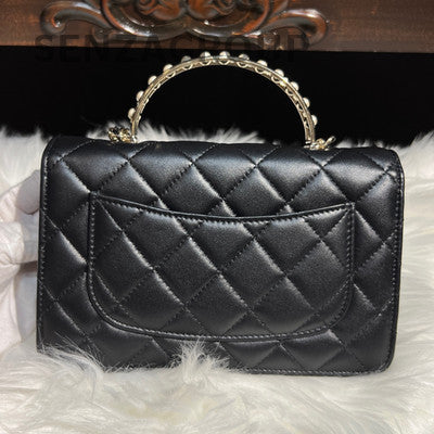 Chanel Black Gold Pearl Handle WOC Chain Crossbody Shoulder Bag