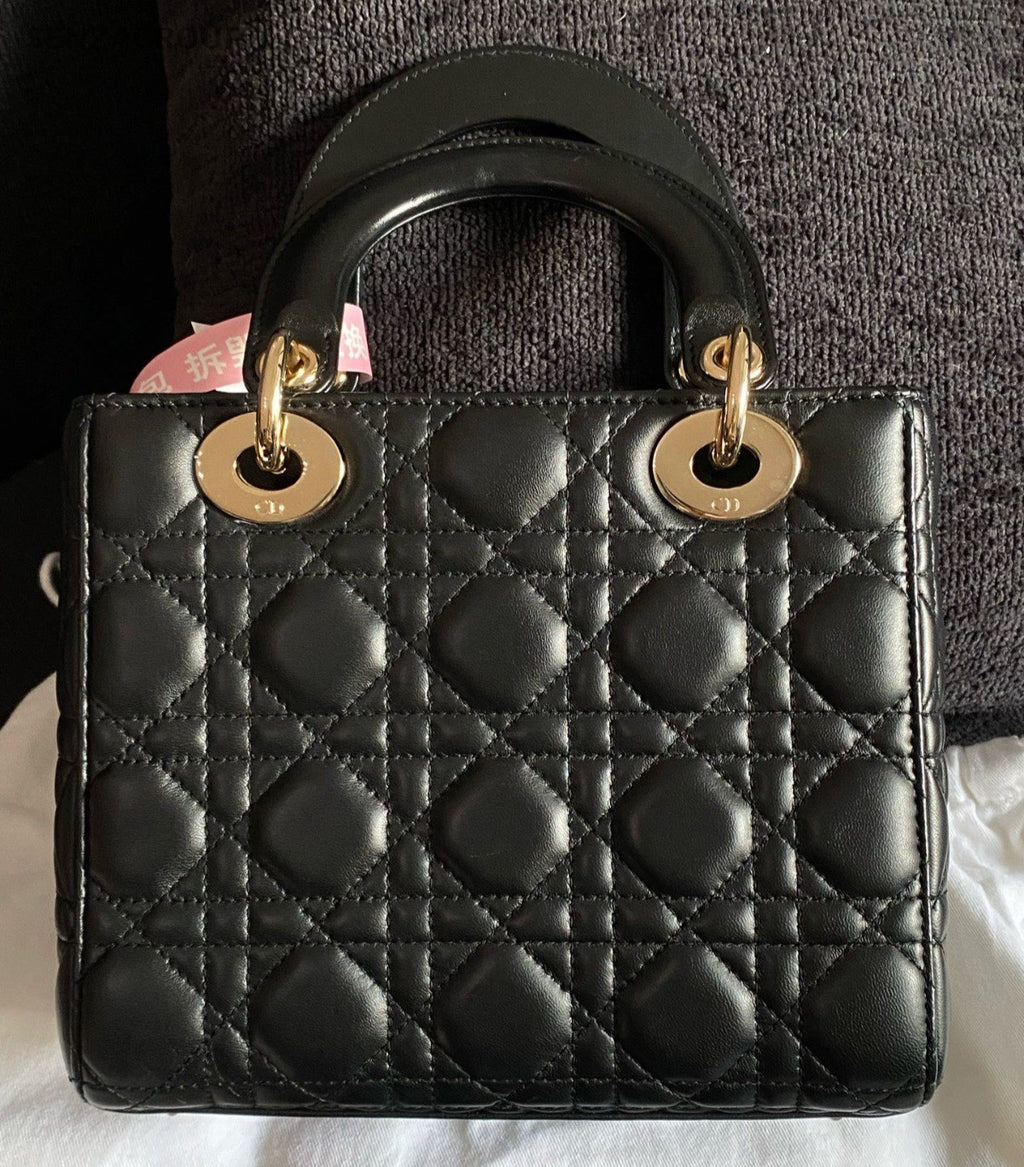 Christian Dior Lady Dior 2Way Black Gold Top Handle Bag Crossbody Women Classic