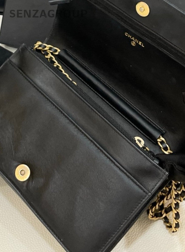 Chanel Leboy WOC Chain Shoulder Bag Crossbody Black Gold Women Diamond Classic