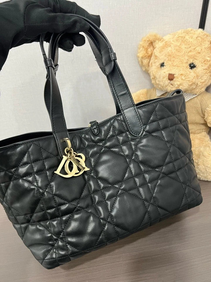Dior Toujours Medium Black Calfskin Gold Hardware Tote Bag For Women