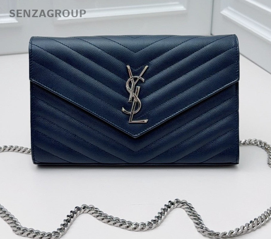 Saint Laurent Calfskin MM Chain Shoulder Bag Crossbody Blue Silver Women Classic