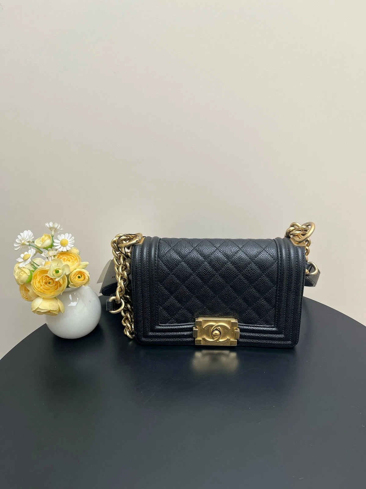 CHANEL LeBoy Small Black Gold Leather Shoulder Bag For Women