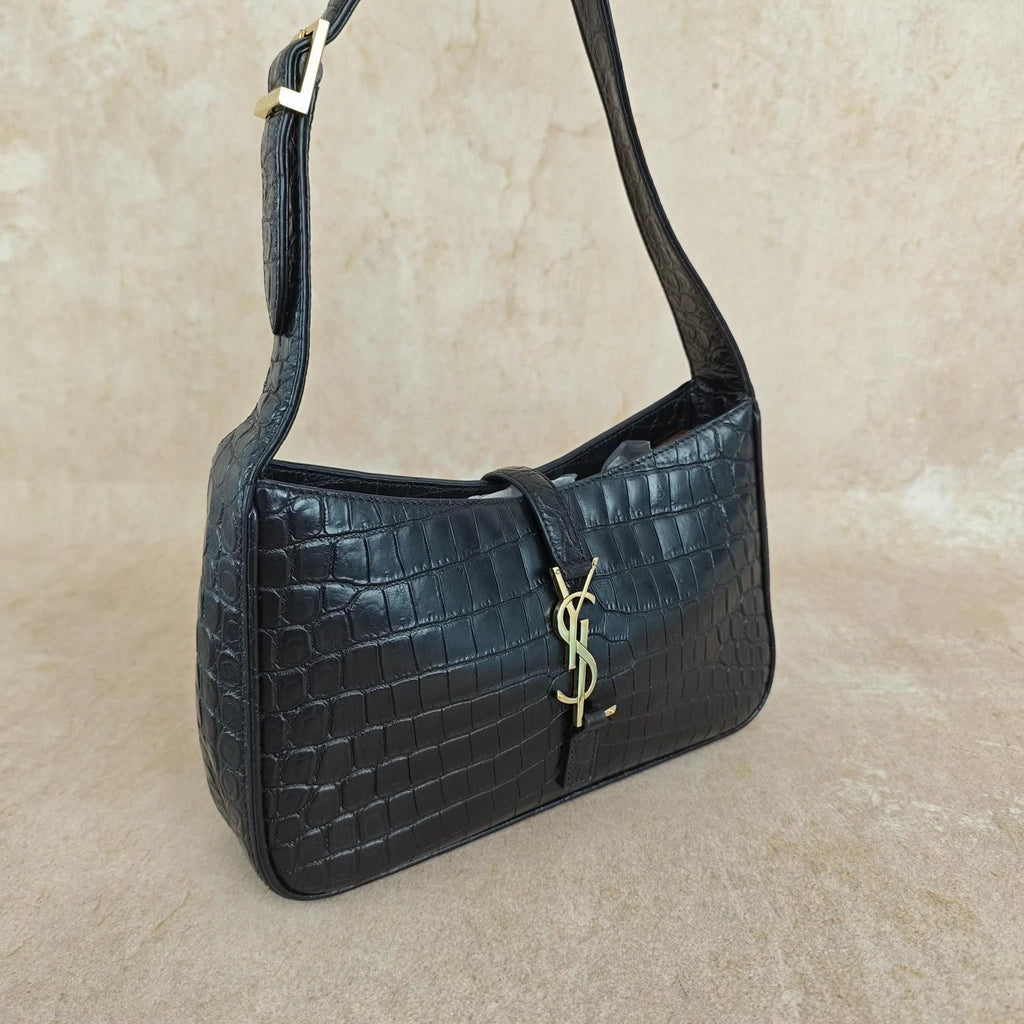 YSL Crocodile Embossed Black Gold Hobo Shoulder Bag For Women