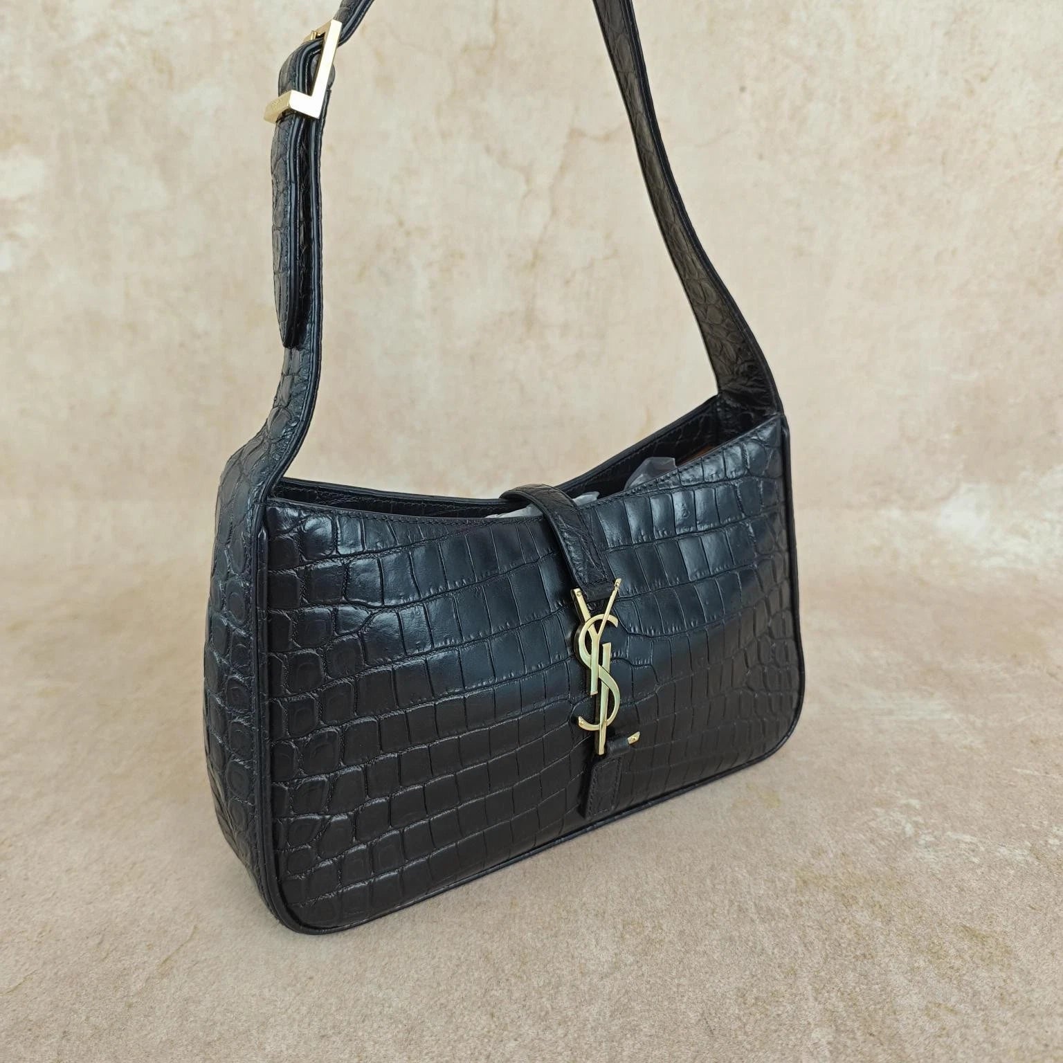 YSL Crocodile Embossed Black Gold Hobo Shoulder Bag For Women