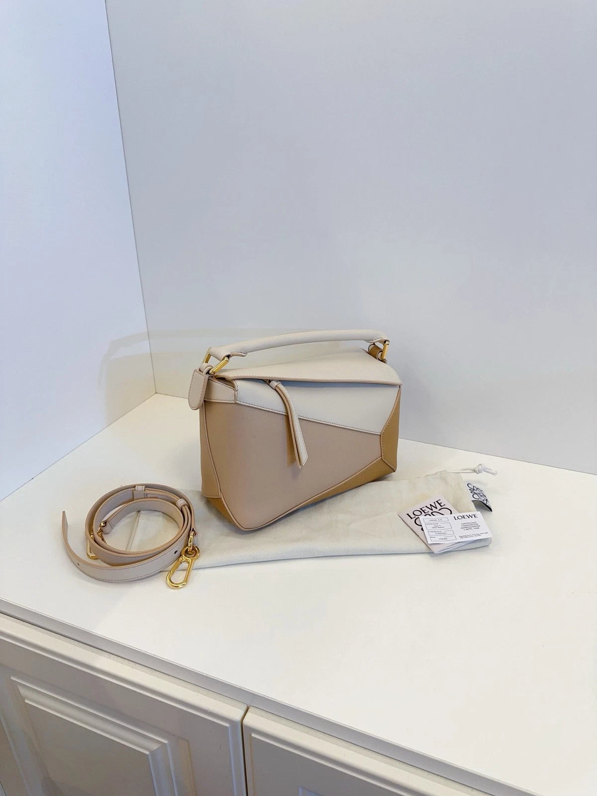 Loewe Puzzle Small Calfskin Handbag Crossbody Bag Oat Milk Tea Tricolor Classic