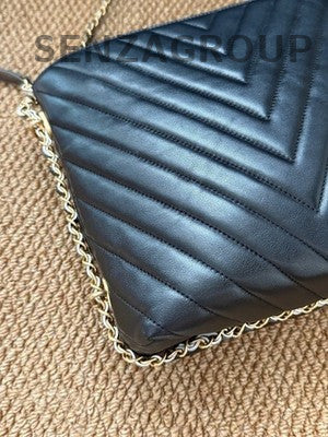 Chanel Black Gold V-Stitch Chain Shoulder Bag Classic Women's