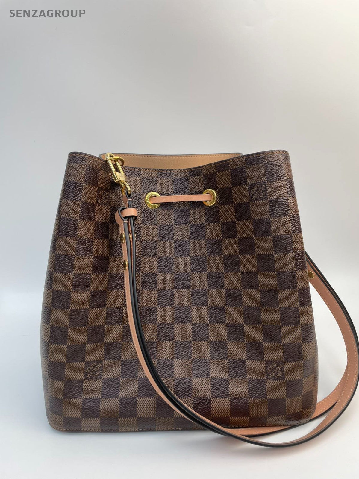 #001 - Louis Vuitton NéoNoé Pink Interior Damier Bucket Bag MM Brown Canvas YY73