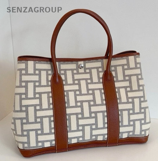 Hermes Garden Party36 Canvas Top Handle Bag White Brown Silver Women Classic