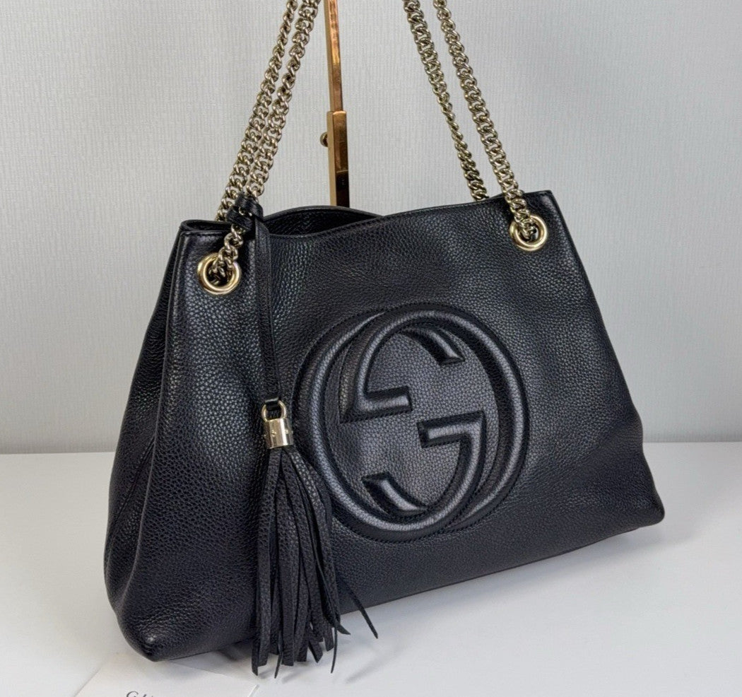 Gucci Tote Tassel Chain Calfskin Shoulder Bag Black Gold Women Classic