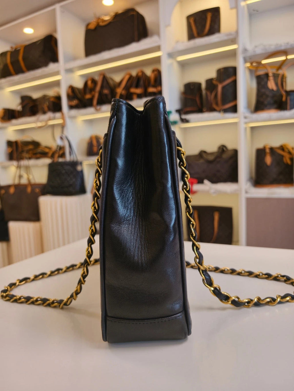 Chanel Lambskin PM Black Tote Chain Shoulder Bag Diamond Gold Hardware