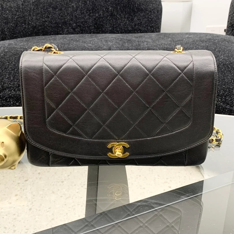 Chanel Classic Flap Lambskin Chain Shoulder Bag Black Gold Women Vintage S