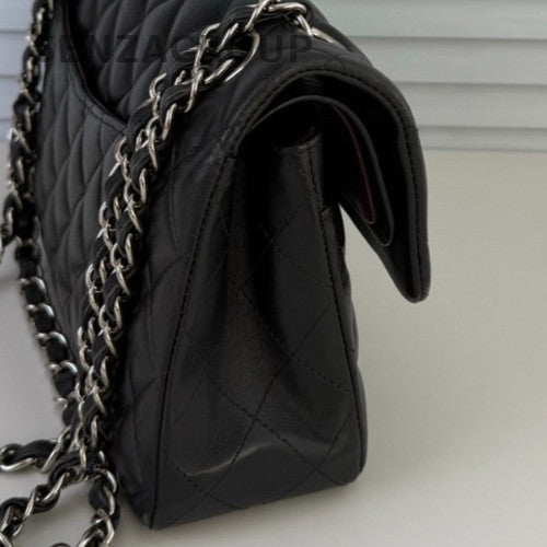 Chanel Classic Flap Lambskin PM Chain Shoulder Bag Black Silver Used Women