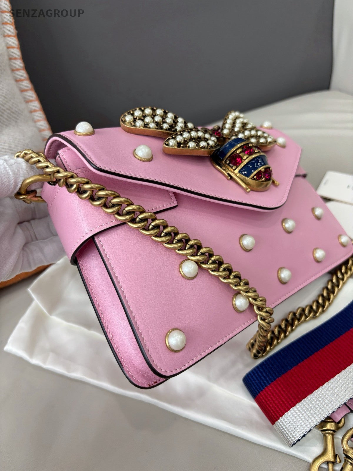 GUCCI Margaret Beer Pearl Chain Shoulder bag Crossbody Pink Women