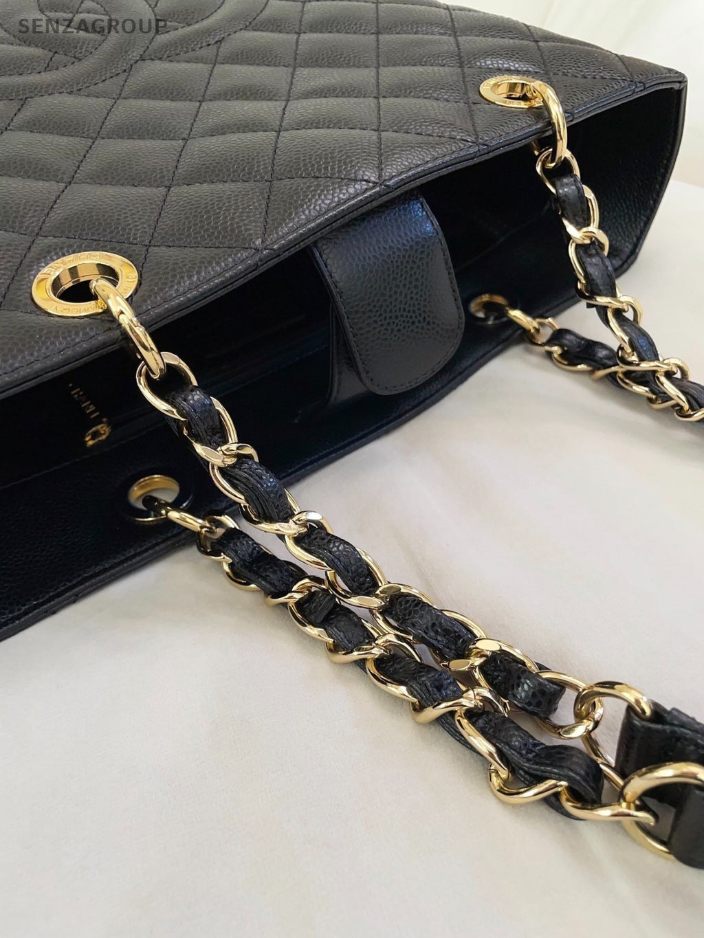 Chanel GST Chain Calfskin Shoulder Bag Black Gold Used Women Diamond Classic
