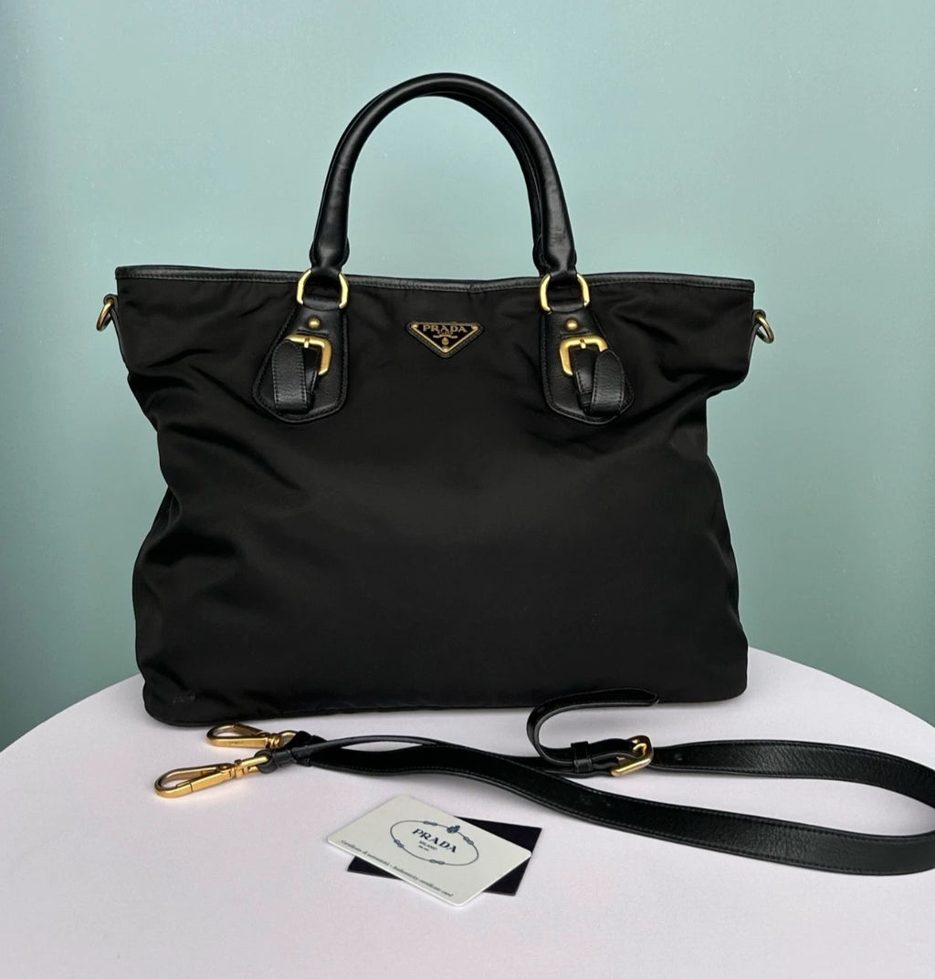 Prada Tote Black Top Handle Shoulder Crossbody Bag Gold Hardware Women
