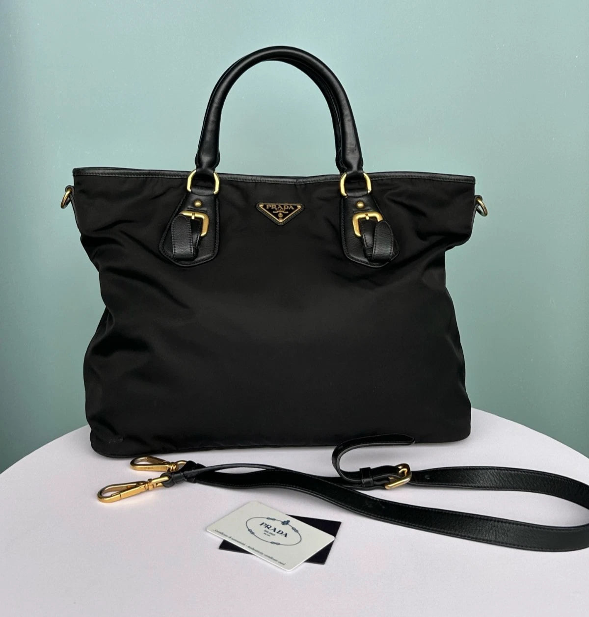 Prada Tote Black Top Handle Shoulder Crossbody Bag Gold Hardware Women