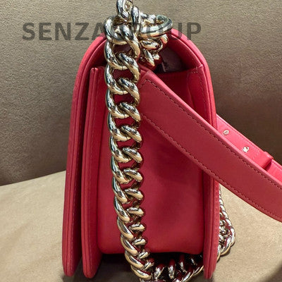 Chanel Le Boy Classic Calfskin Chain Shoulder Bag Small Red Silver
